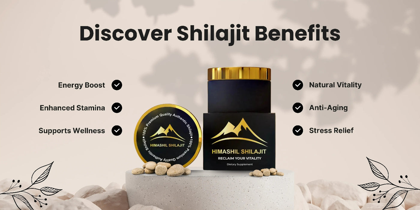 Himalayan Shilajit products with benefits listed on a neutral background
